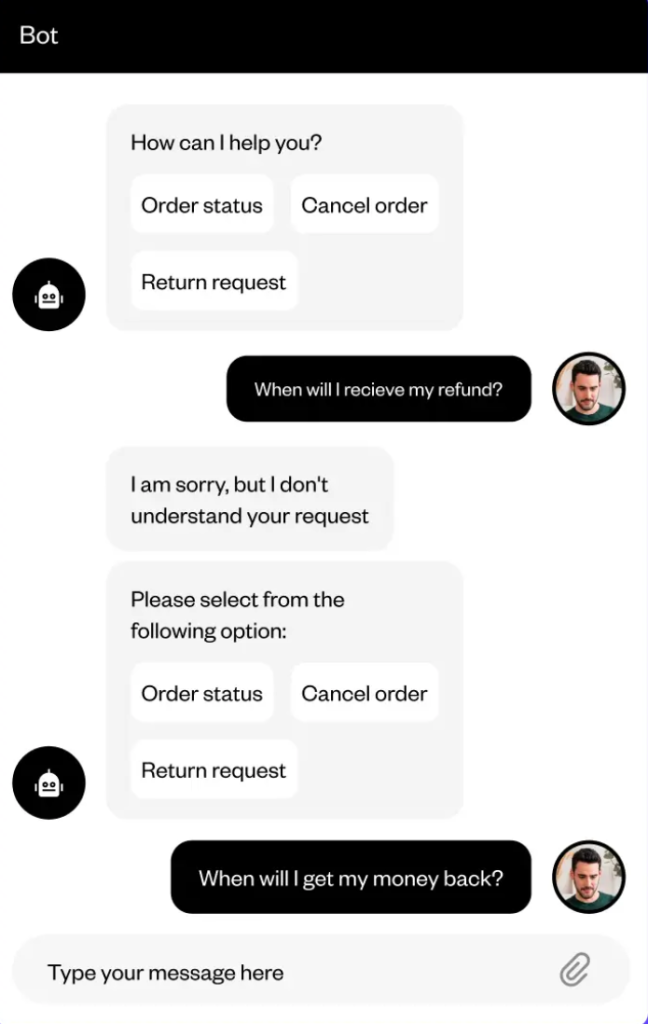 Traditional chatbot failing to understand a refund question.