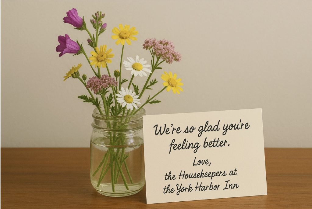 Wildflowers in a jar with a heartfelt note from the York Harbor Inn (Disclaimer: This image is AI-generated)