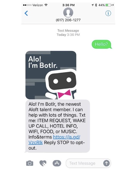 Aloft Hotels ChatBotlr that interacts with guests and can access hotel information to answer common questions