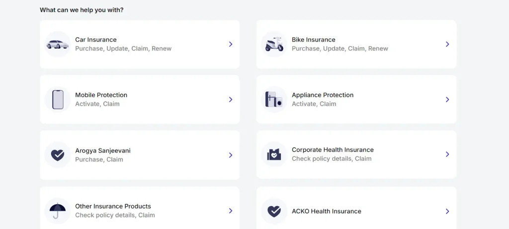 Acko's knowledge base with segregated topics for insurance details