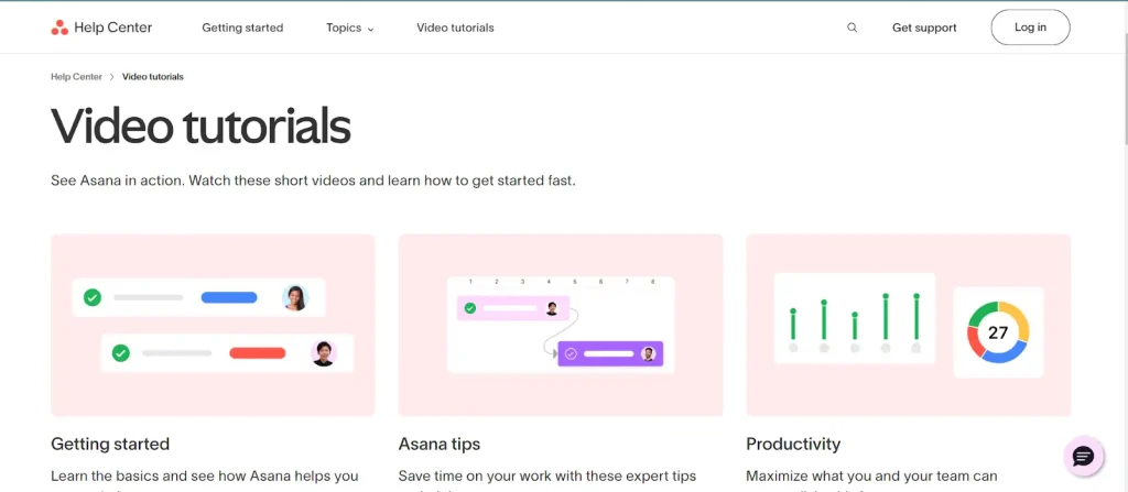 Asana's content organized by user role and experience level
