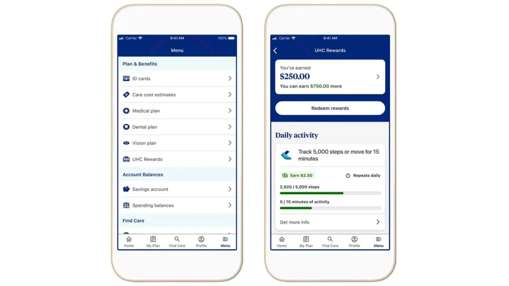 United Health Mobile App for insurers to check benefits, and use their reward points