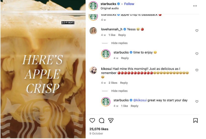 Starbucks' Instagram account responds to user comments proactively