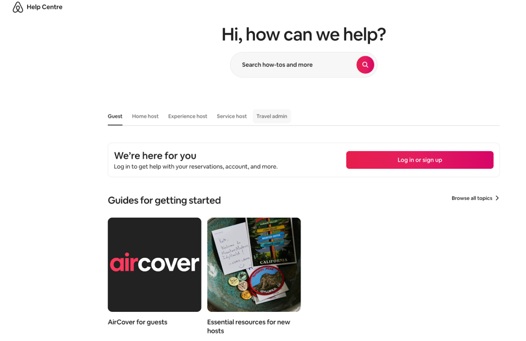 Airbnb categorizes their help articles based on your role - guest or host