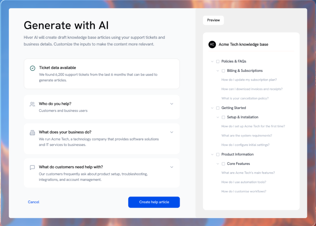 Generate articles with Hiver’s AI