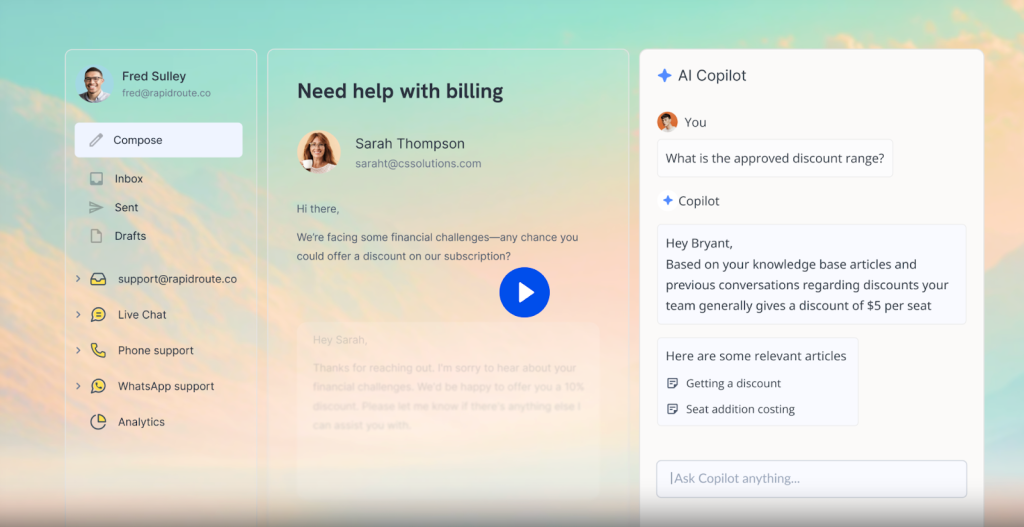 Hiver’s Ask AI feature lets support teams surface the right answers without manually digging in the knowledge base