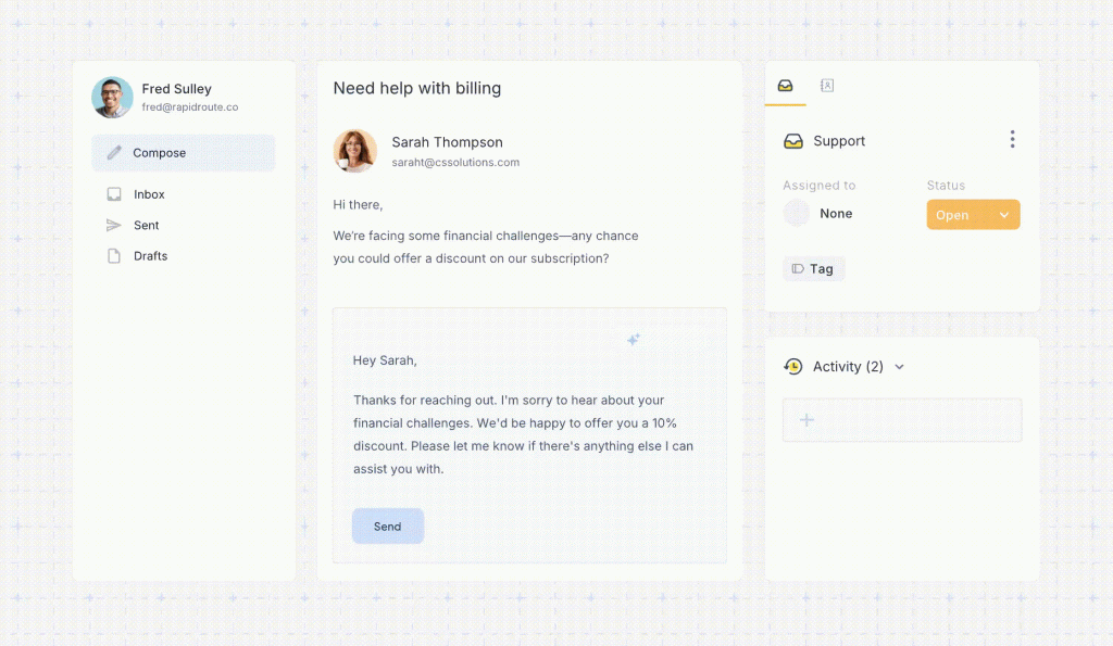 Screenshot of Hiver’s dashboard showing email and chat tickets organized in a shared inbox.