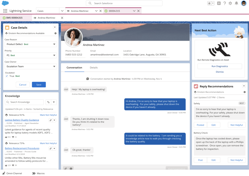 Salesforce Service Cloud dashboard showing AI-powered automation as a Helpshift alternative