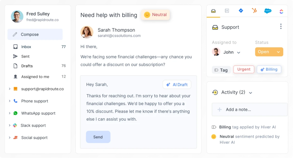 Hiver’s AI-first deflection allows agents to take up more human-first experiences