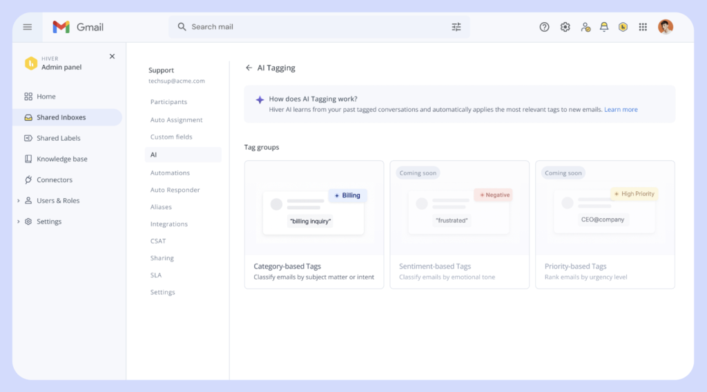 Hiver’s AI Tagging will learn from past conversations and add relevant tags to new emails.
