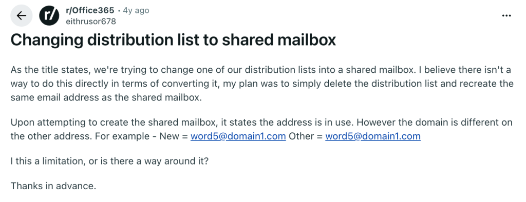 Reddit discussion on converting a distribution list to a shared mailbox in Microsoft 365