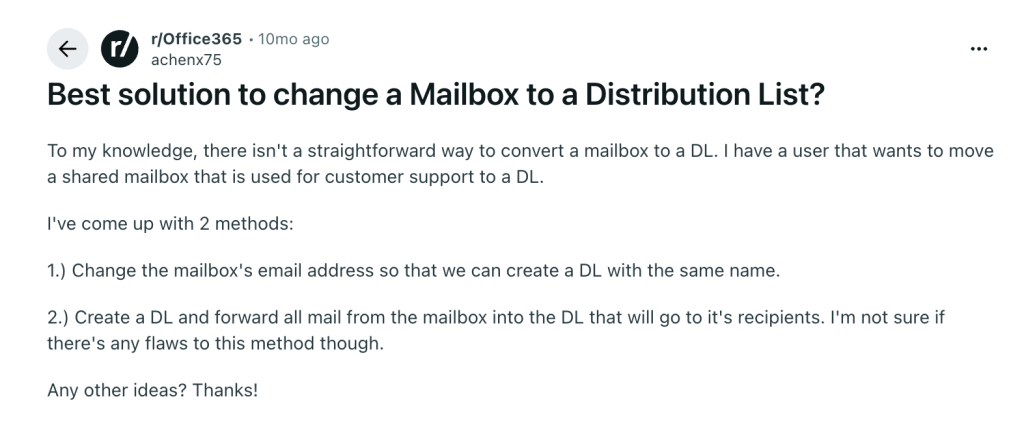 Reddit discussion on converting a shared mailbox to a distribution list in Microsoft 365