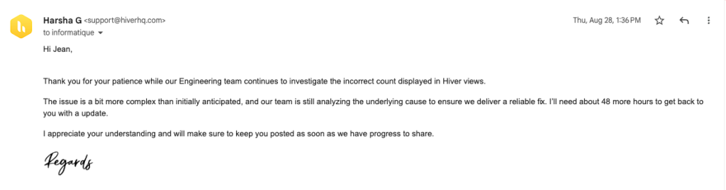 Support reply expressing understanding and providing a clear timeline for resolution.