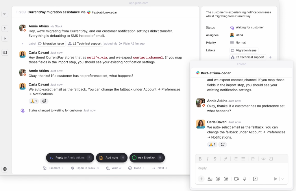 Plain's unified inbox for managing B2B customer support across Slack, email, and Teams