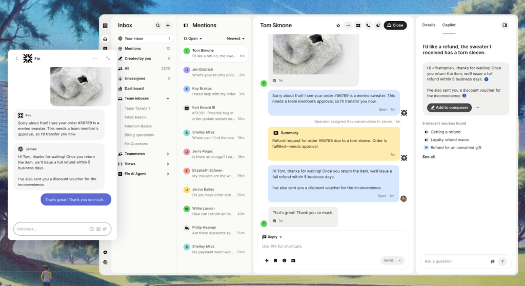 Intercom’s messenger-style inbox for real-time chat, AI support, and proactive customer messaging