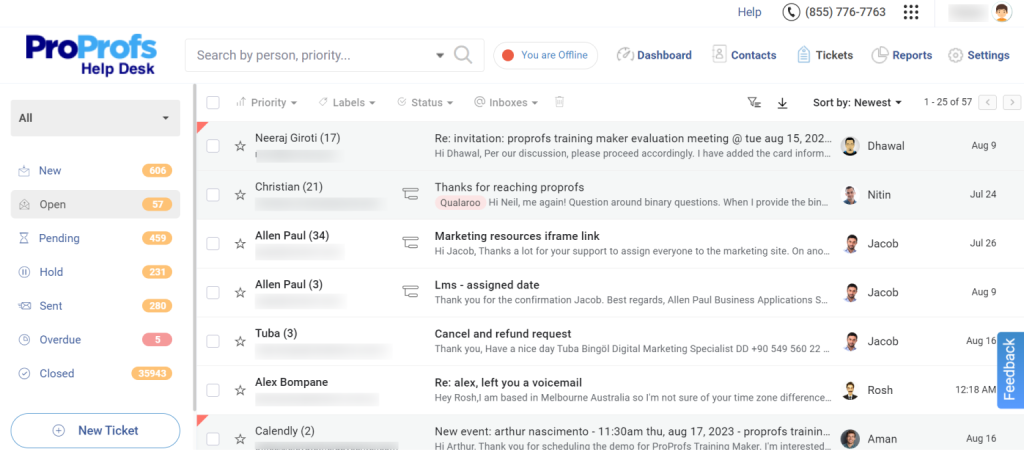 Track emails and chats in a Gmail-style inbox with labels, replies, and agent notes - all in one place