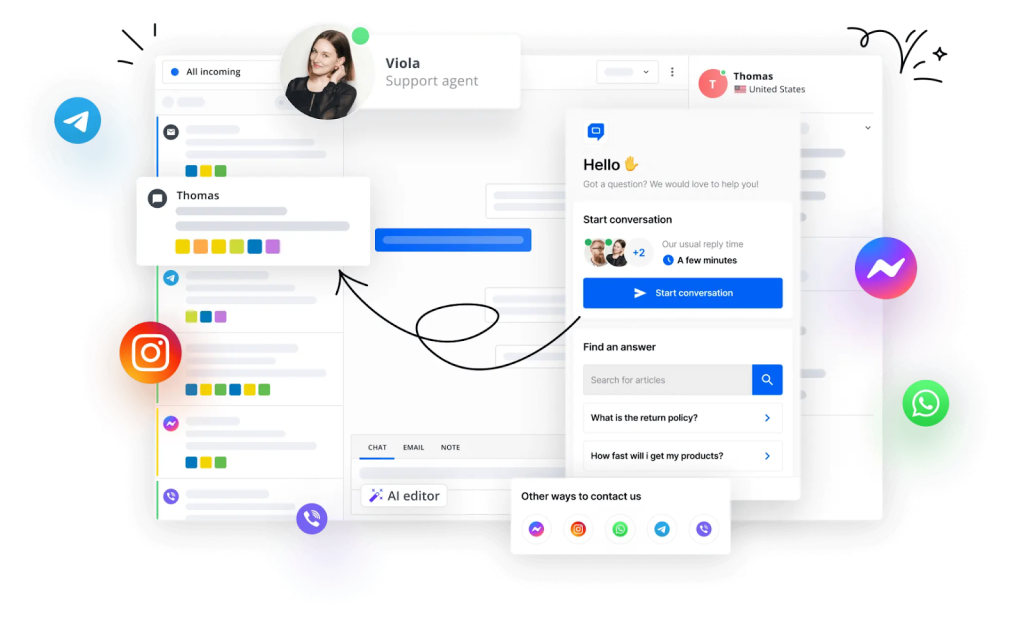 Manage chats, emails, popups, and help articles in one dashboard with HelpCrunch