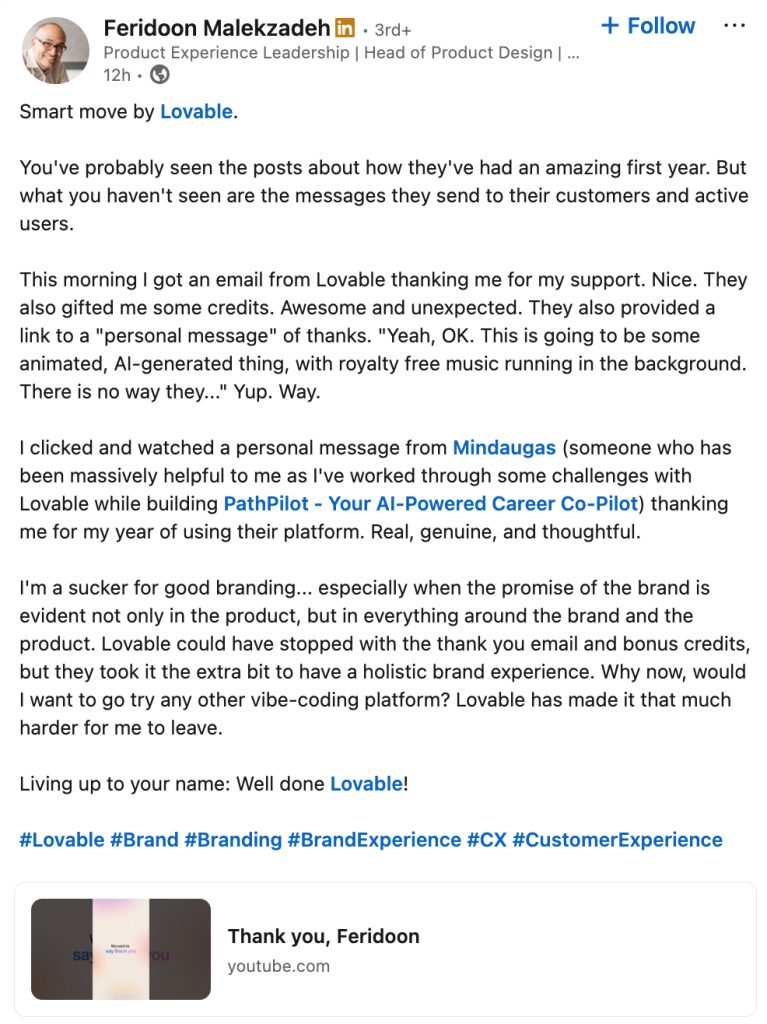 Lovable’s customer experience with existing users