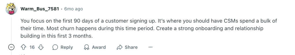 Screenshot of a Reddit thread about customer success onboarding that stresses the first 90 days.