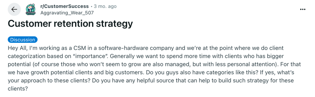 Screenshot of a Reddit thread on r/CustomerSuccess titled “Customer retention strategy,” asking how to segment clients