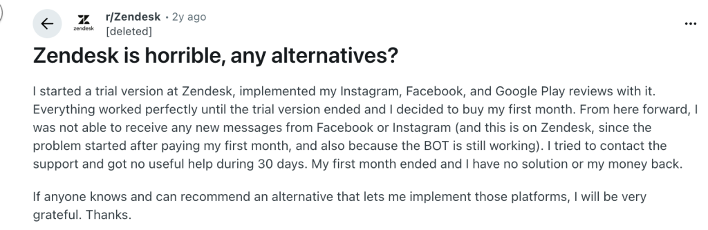 User is complaining about Zendesk’s integration issues and not being able to reach their customer support
