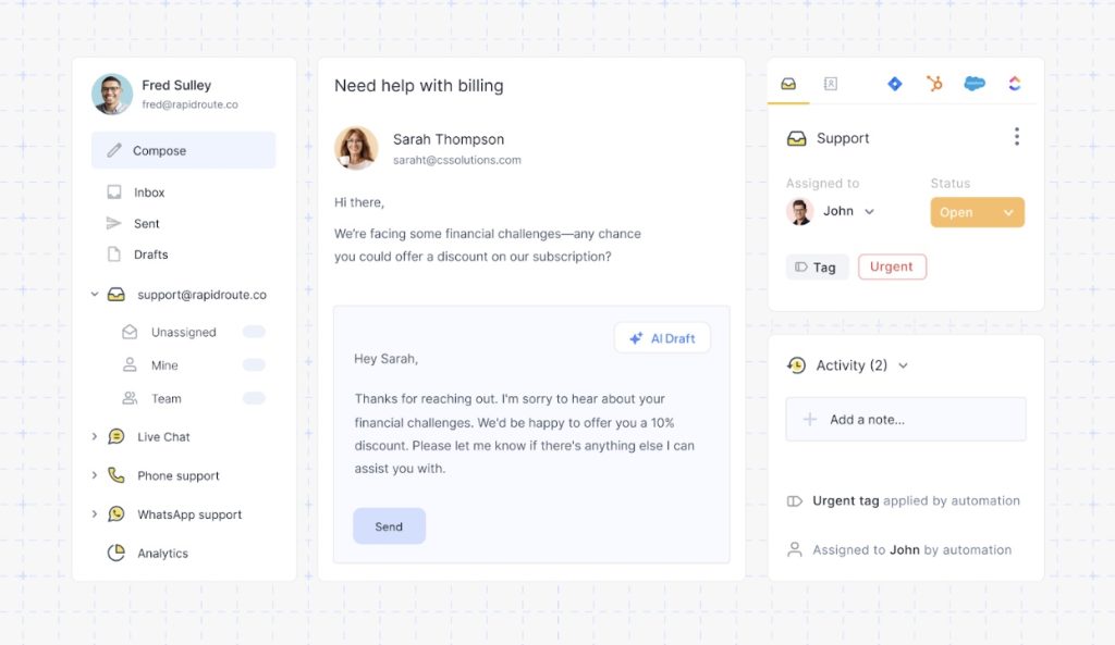 Manage customer conversations across email, chat, WhatsApp, voice, and socials – all in one AI-powered support platform
