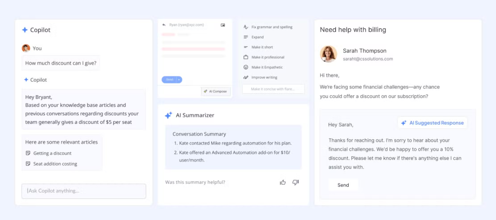 Hiver Copilot helps agents by drafting replies, pulling answers, and summarizing conversations.