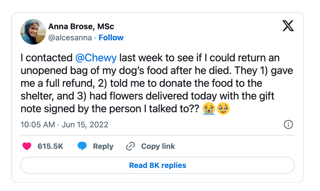 Screenshot of a viral tweet praising Chewy’s compassionate customer support.