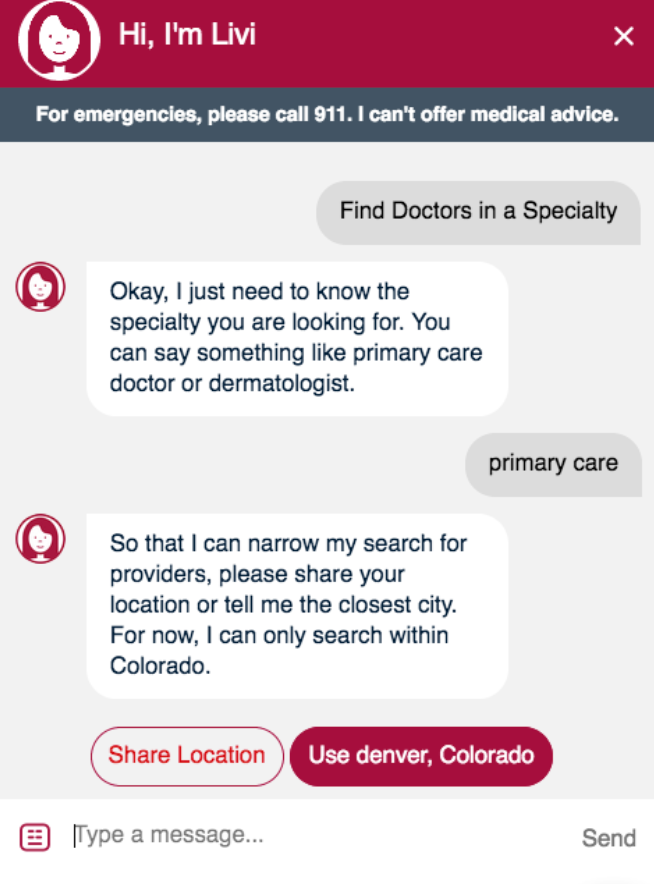Screenshot of a healthcare chatbot helping a user find doctors by specialty and location.