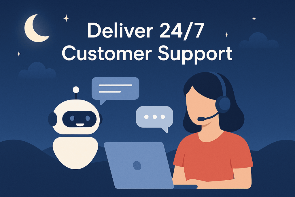 Image of an NLP chatbot assisting a customer at night, representing 24/7 automated support.