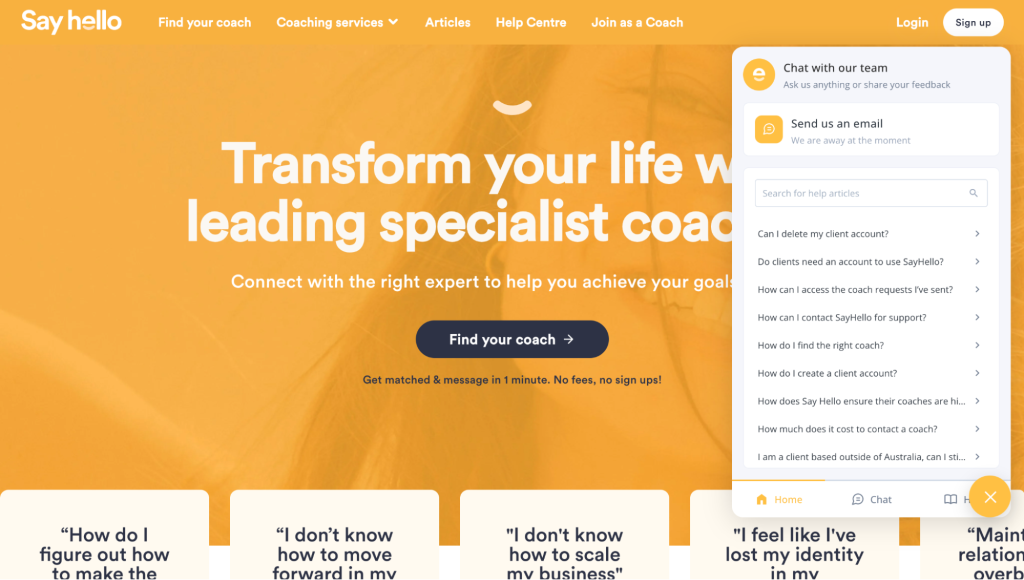 SayHello’s chatbot, powered by Hiver