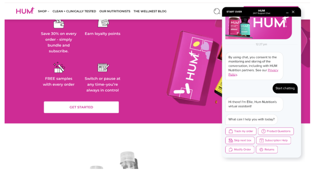 Live chat interface on a wellness brand website.