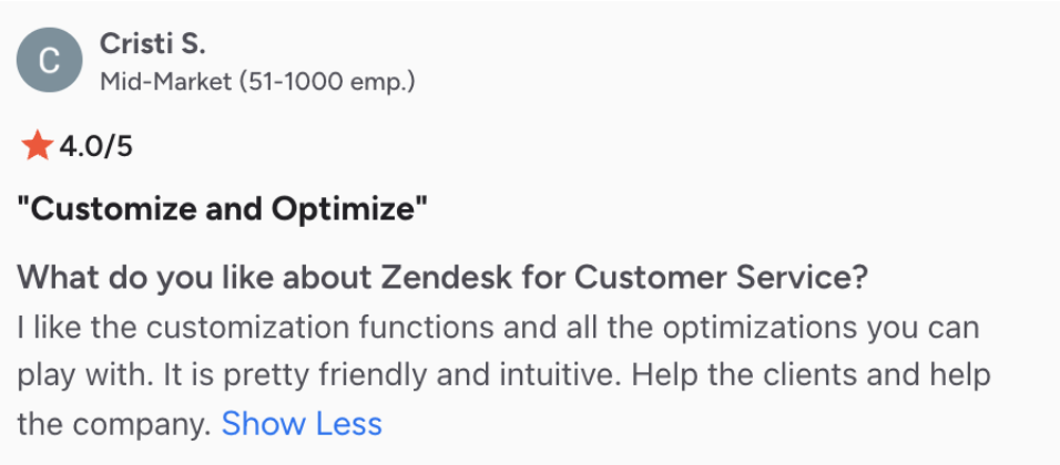 screenshot of G2 review from a mid-market user praising Zendesk’s customization and ease of use.