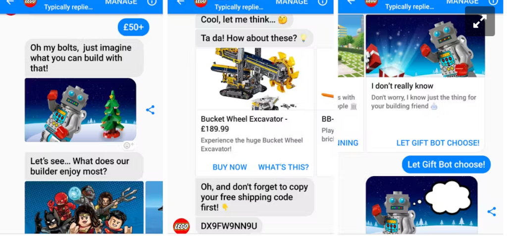 Screenshot of LEGO chatbot suggesting toy ideas and sharing discounts on Messenger.
