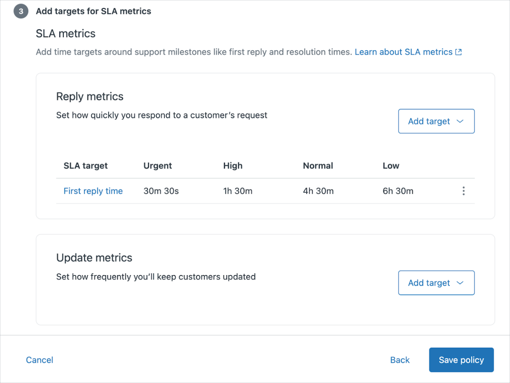 Setting performance metrics on SLA