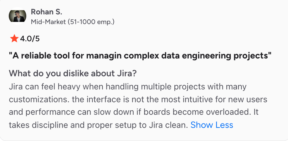Screenshot of a review stating that Jira can feel complex for beginners with performance issues in large projects.