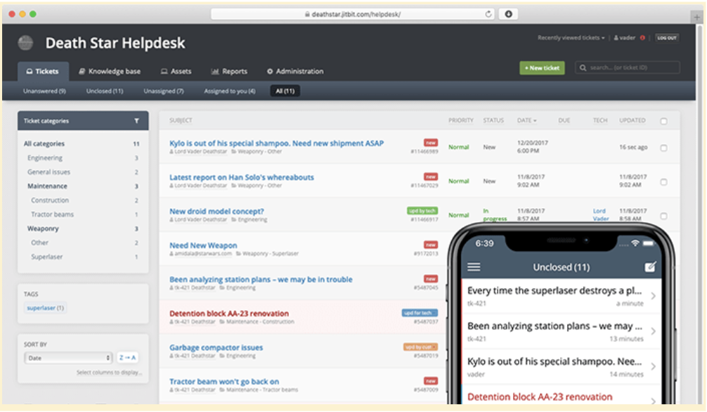 Screenshot of the JitBit helpdesk interface, showing the mobile view with open ticket and SLA status indicators.