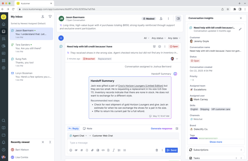 Screenshot of the Kustomer platform displaying a customer timeline.