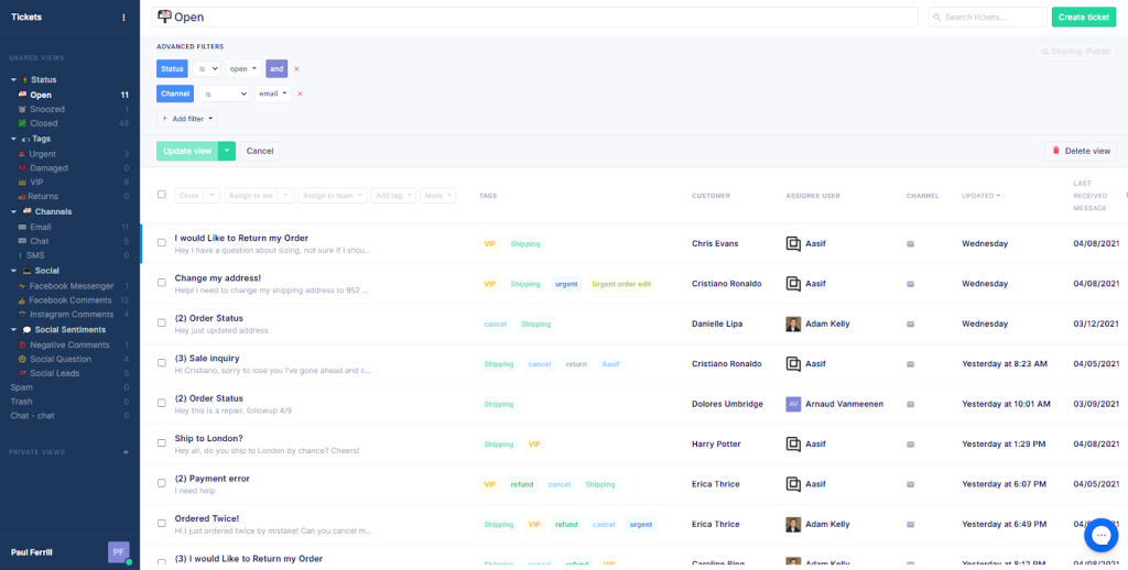Screenshot of the Gorgias helpdesk interface displaying open customer support tickets.