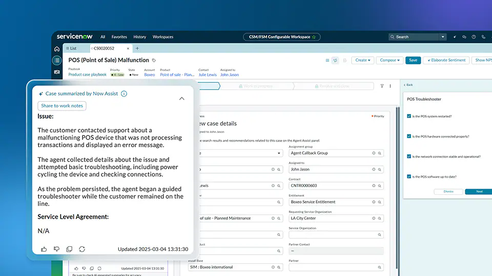 Screenshot of the ServiceNow CSM platform displaying a POS (Point of Sale) device malfunction case.