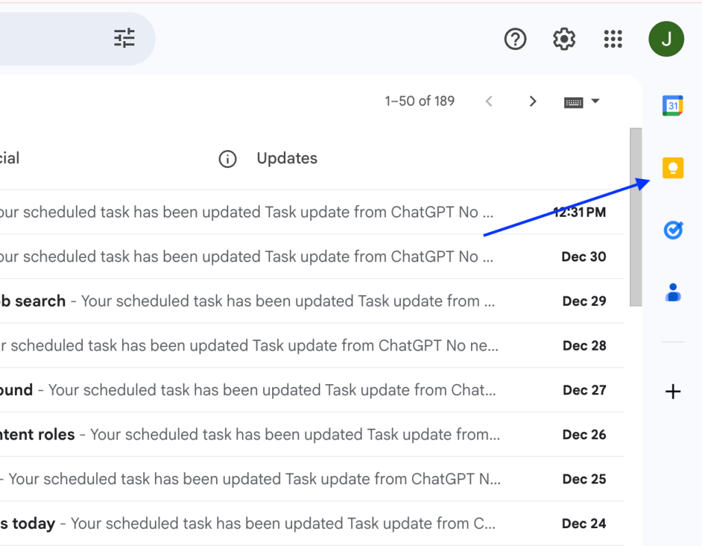 Screenshot highlighting the Google Keep icon in the Gmail right-hand sidebar.