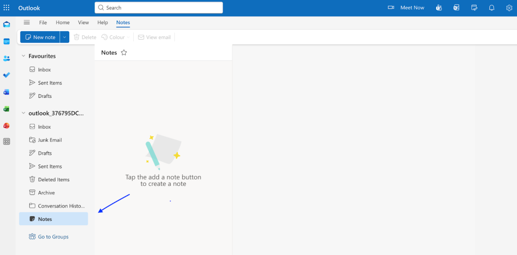 Screenshot showing the Notes icon in the Outlook navigation menu