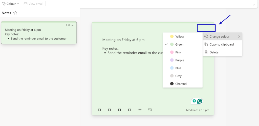 Screenshot showing color categories applied to an Outlook note