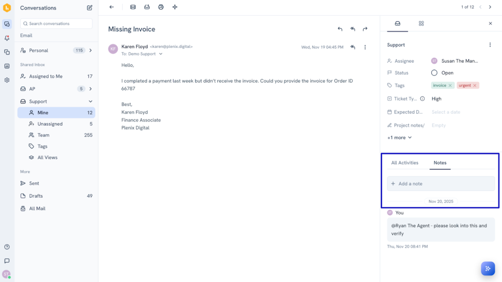 Screenshot showing the Add Note option in the Hiver sidebar