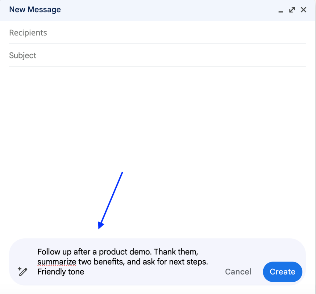 Screenshot showing a prompt typed into the Help me write input box in Gmail