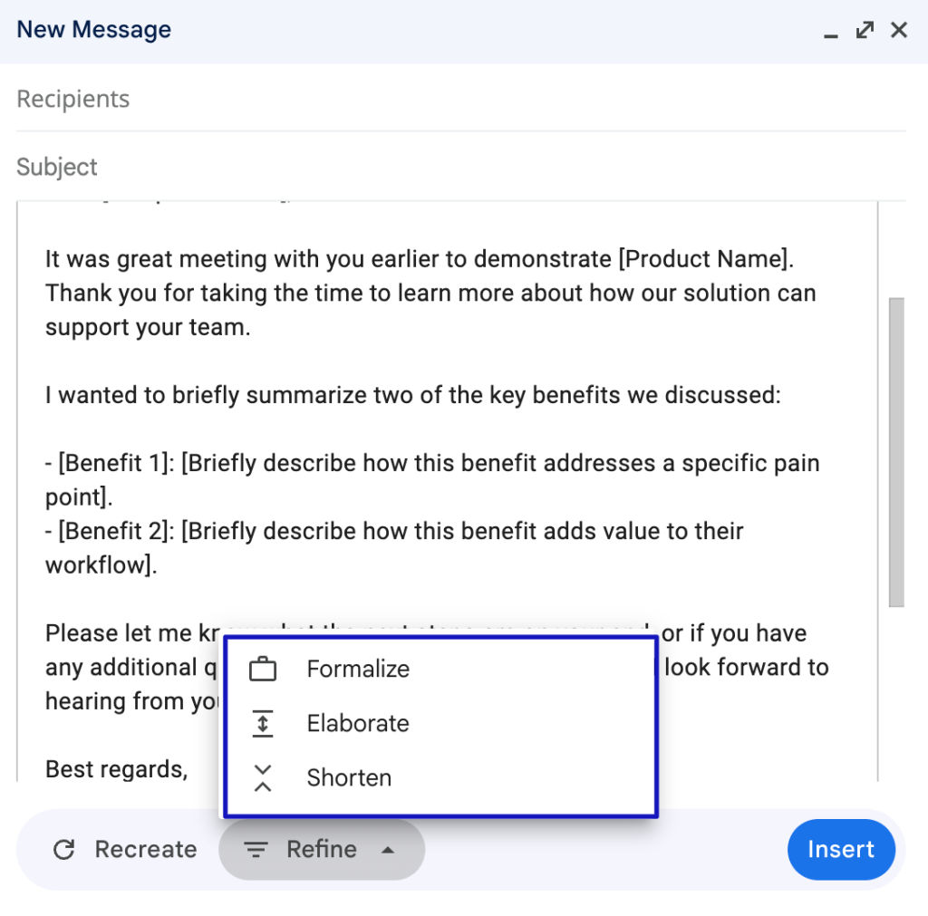 Screenshot showing options like Shorten, Elaborate, and Formalize in Gmail AI