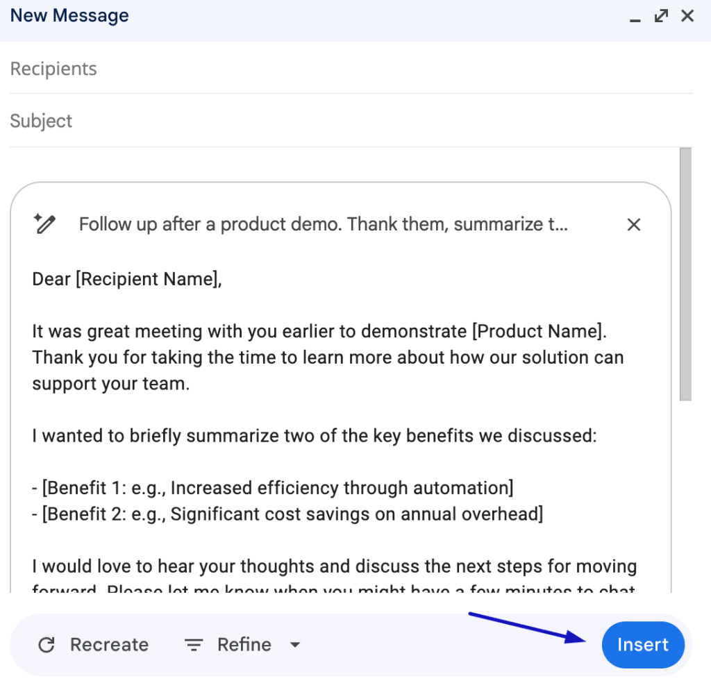 Screenshot showing the Insert button and Send button in Gmail