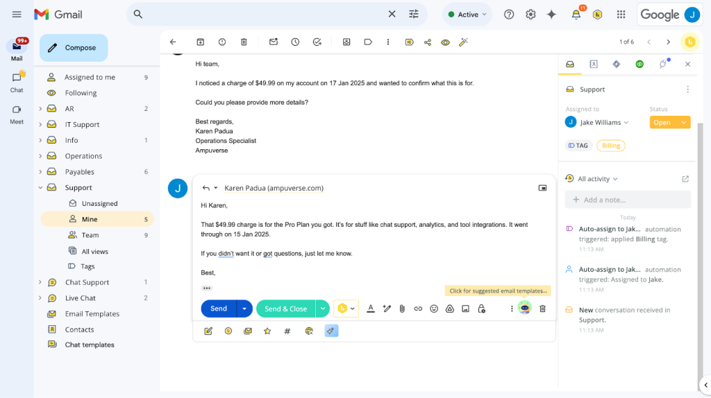 Screenshot showing an AI-generated email draft inside a Hiver shared inbox