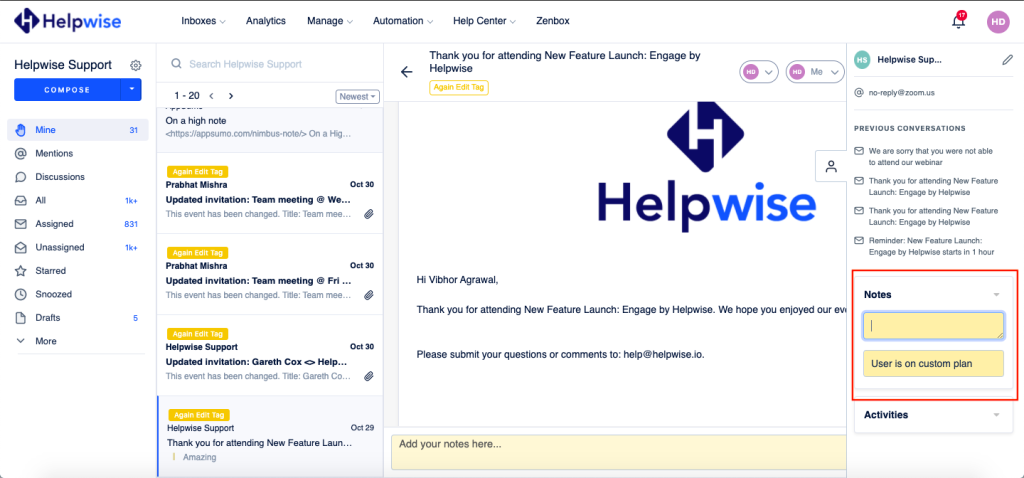 Internal notes in a shared inbox keep support teams aligned with customer context.
