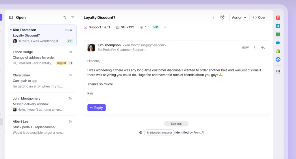 Shared inbox highlighting VIP customers and AI-identified discount requests.